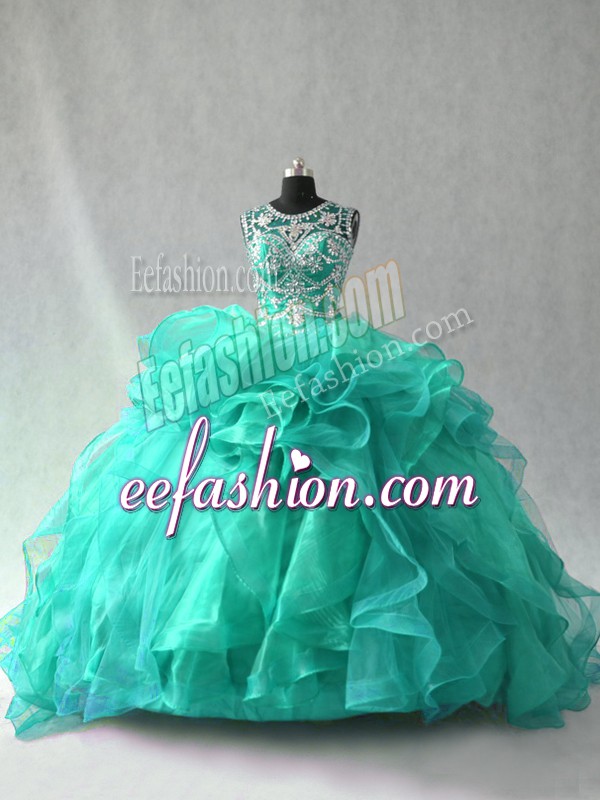  Beading and Ruffles Vestidos de Quinceanera Turquoise Lace Up Sleeveless Floor Length