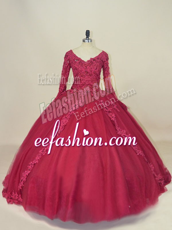 Trendy Red Tulle Lace Up V-neck Long Sleeves Floor Length Quinceanera Dresses Lace and Appliques