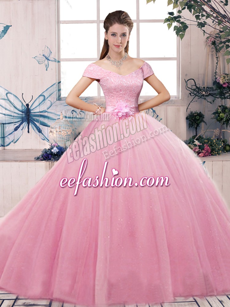  Ball Gowns Vestidos de Quinceanera Rose Pink Off The Shoulder Tulle Short Sleeves Floor Length Lace Up