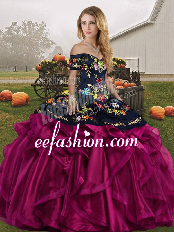  Sleeveless Organza Floor Length Lace Up Quince Ball Gowns in Fuchsia with Embroidery and Ruffles