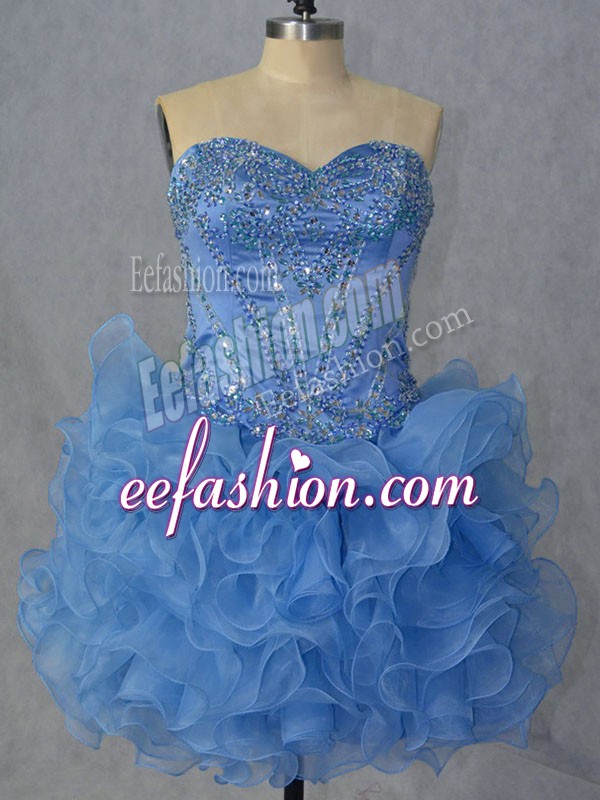 Romantic Sweetheart Sleeveless Dress for Prom Mini Length Beading and Ruffles Baby Blue Organza