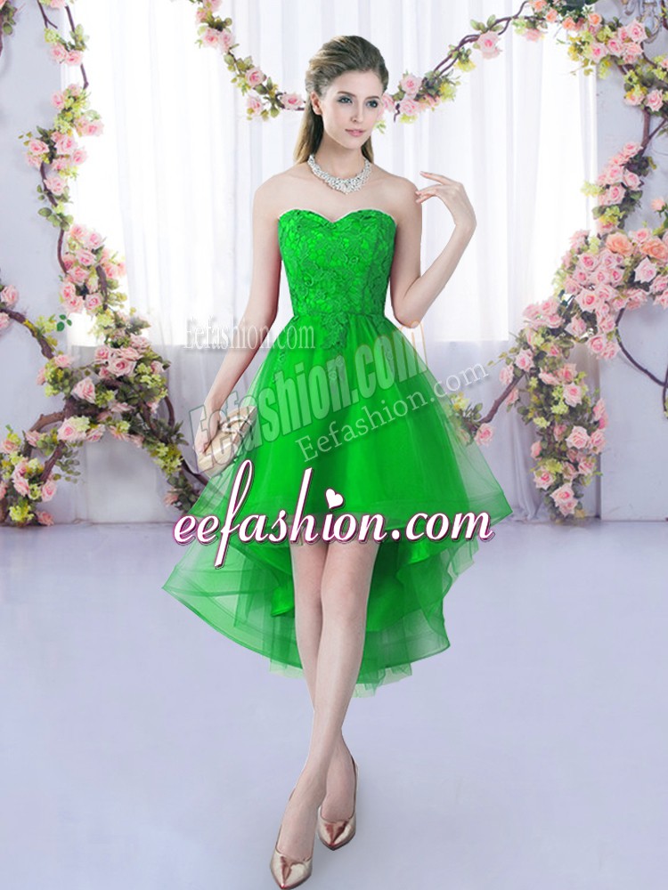  Sweetheart Sleeveless Bridesmaids Dress High Low Lace Green Tulle