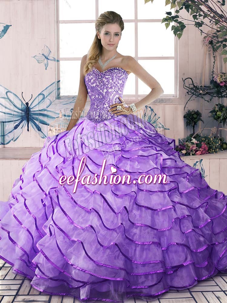 Dramatic Lavender Lace Up Sweetheart Beading and Ruffled Layers Vestidos de Quinceanera Organza Sleeveless