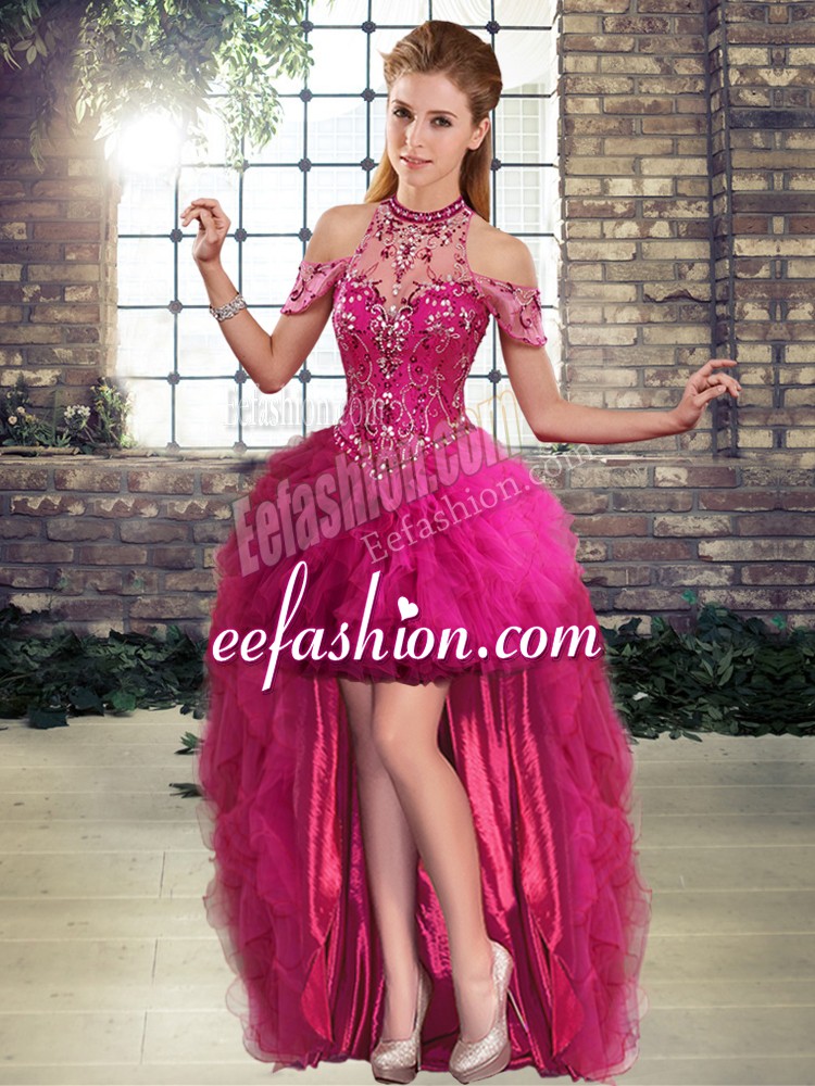 Admirable Halter Top Sleeveless Tulle Beading and Ruffles Lace Up