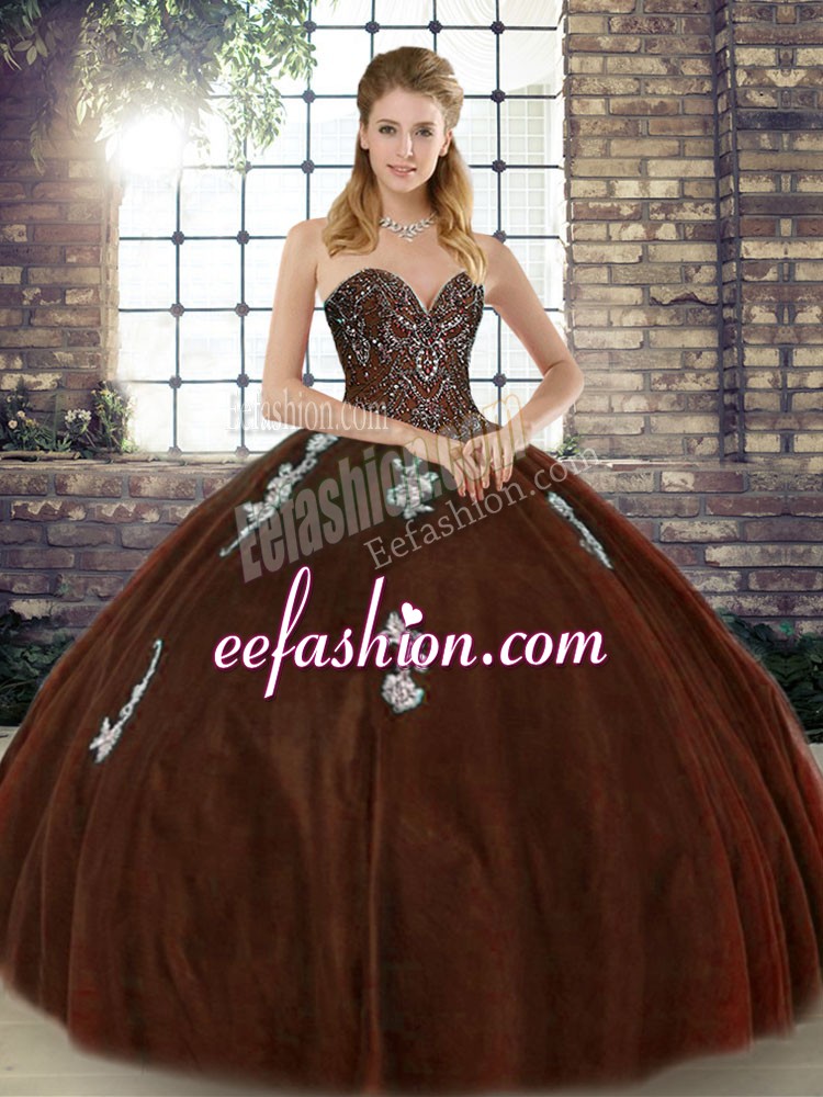  Floor Length Brown Quinceanera Dresses Tulle Sleeveless Beading and Appliques
