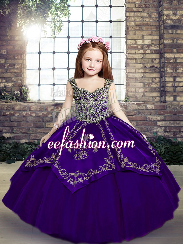  Purple Sleeveless Floor Length Embroidery Lace Up Little Girls Pageant Gowns