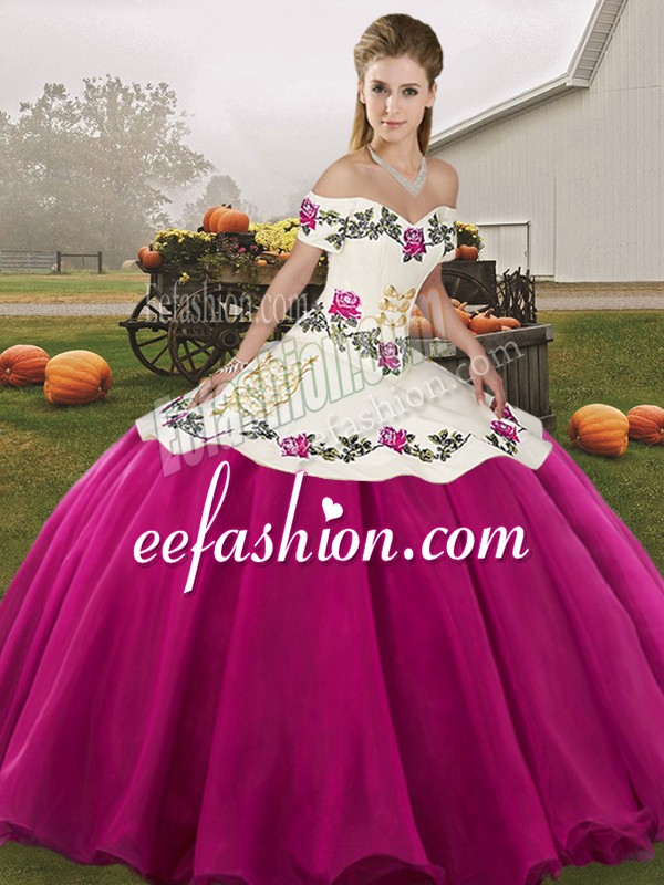  Fuchsia Off The Shoulder Neckline Embroidery Quinceanera Gown Sleeveless Lace Up