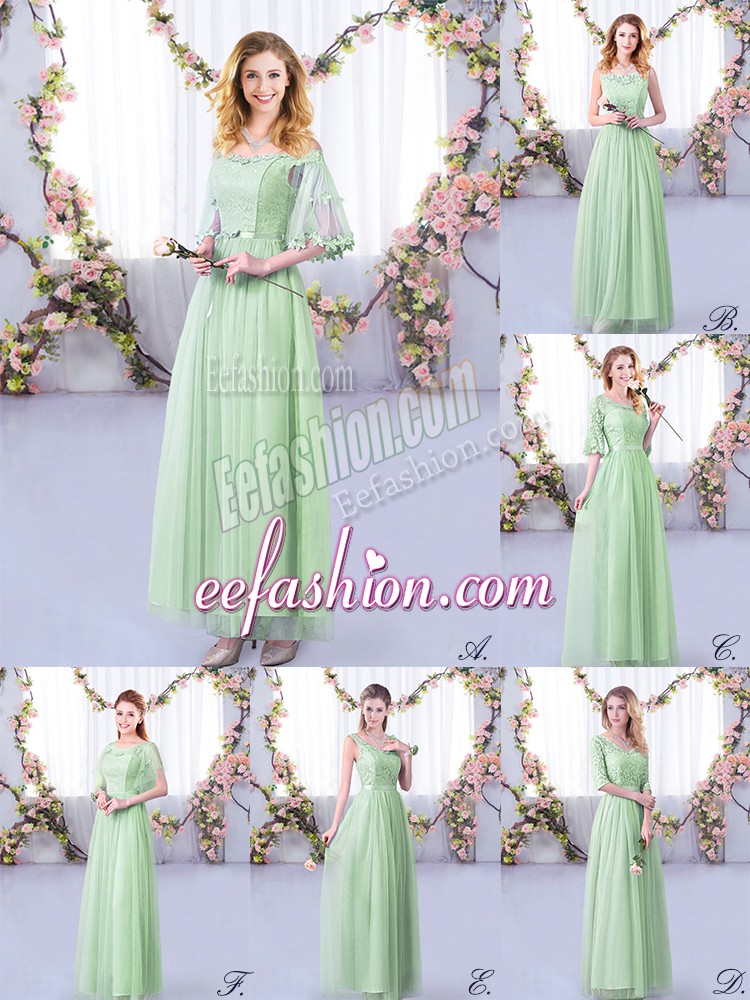  Empire Bridesmaids Dress Apple Green Off The Shoulder Tulle Half Sleeves Floor Length Side Zipper
