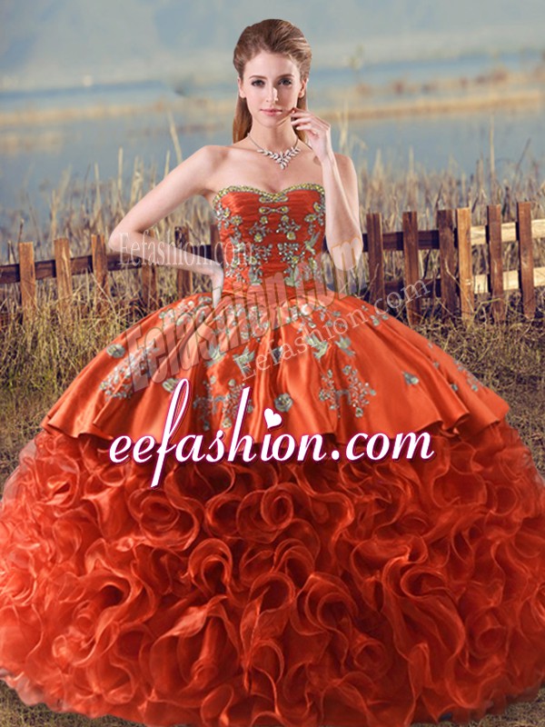  Orange Red Ball Gowns Fabric With Rolling Flowers Sweetheart Sleeveless Embroidery and Ruffles Floor Length Lace Up Quinceanera Gown Brush Train