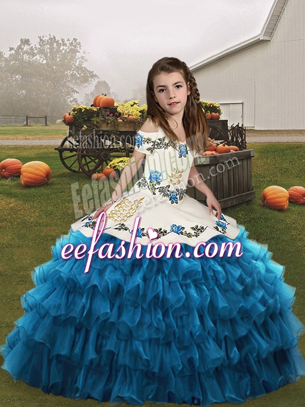 High Class Floor Length Blue Child Pageant Dress Straps Sleeveless Lace Up