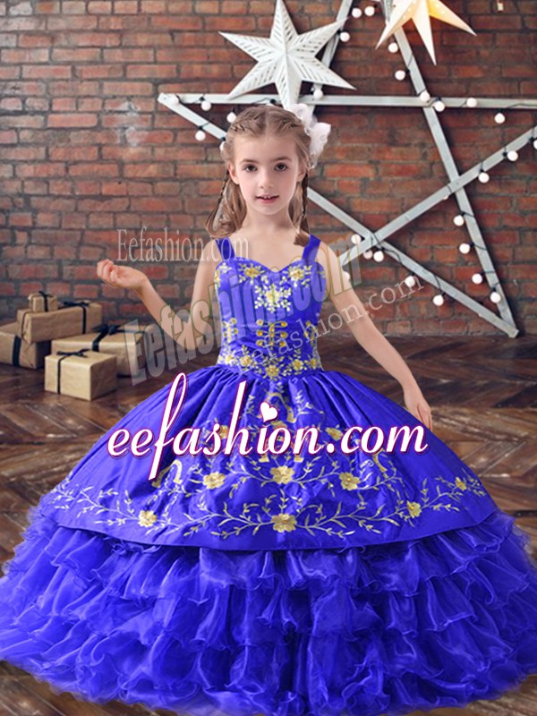  Floor Length Lace Up Little Girls Pageant Dress Blue for Wedding Party with Embroidery and Ruffled Layers
