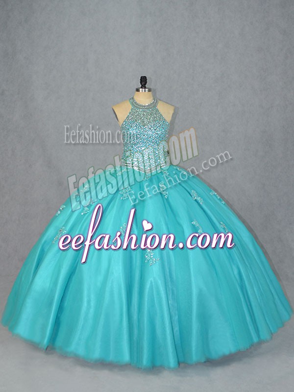 Shining Sleeveless Tulle Floor Length Lace Up Quinceanera Gowns in Aqua Blue with Beading