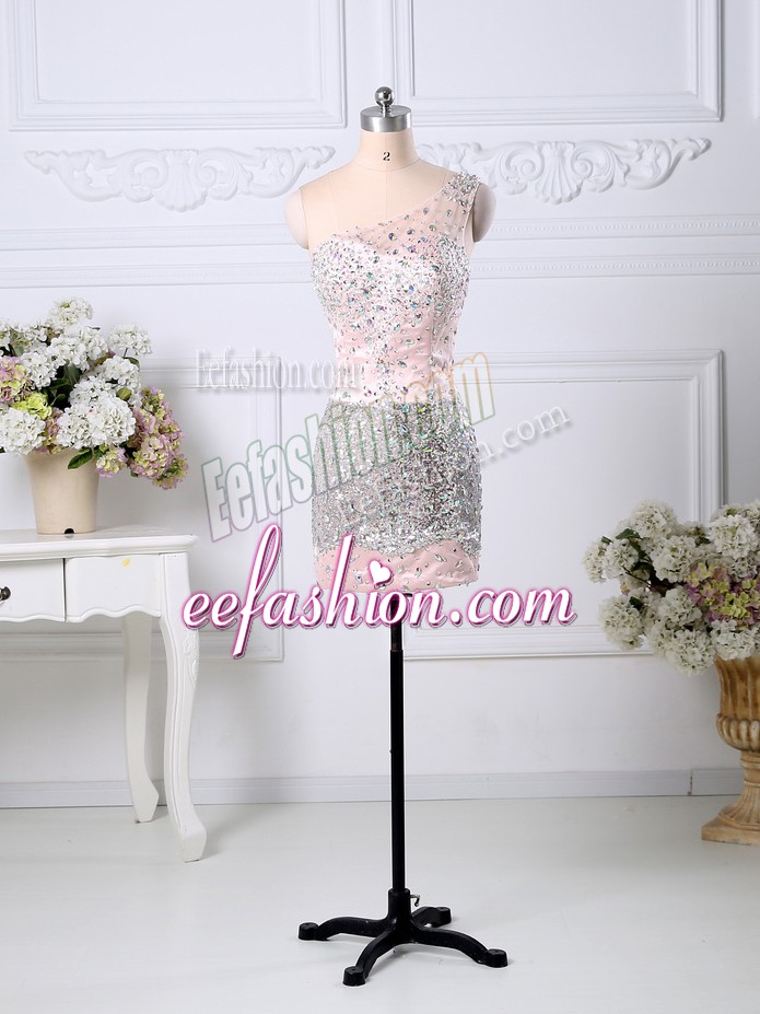  Pink Satin Side Zipper One Shoulder Sleeveless Prom Dresses Beading