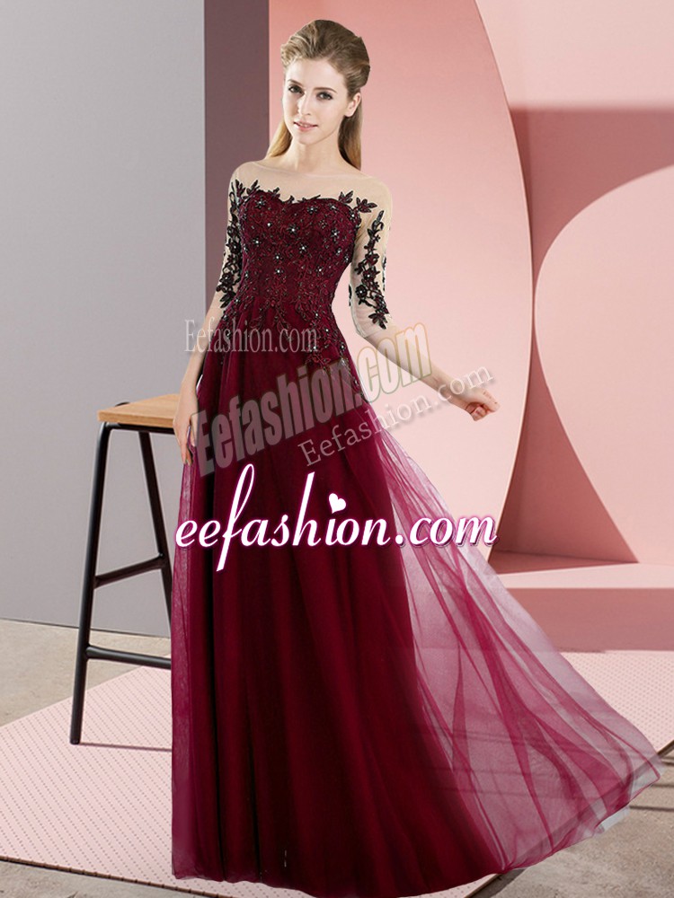  Half Sleeves Chiffon Floor Length Lace Up Quinceanera Court Dresses in Burgundy with Beading and Lace