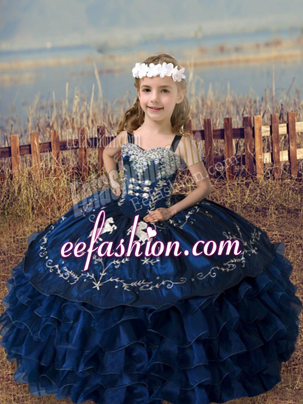 Custom Designed Navy Blue Ball Gowns Embroidery and Ruffled Layers Child Pageant Dress Lace Up Organza Sleeveless Floor Length