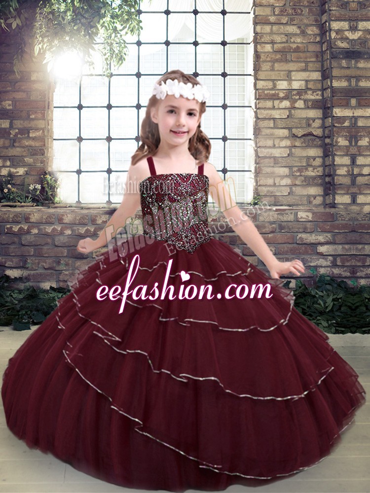 Cute Floor Length Burgundy Child Pageant Dress Tulle Sleeveless Beading and Ruffled Layers