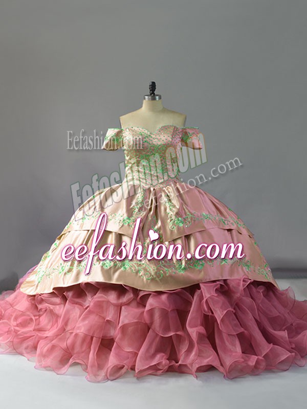 Latest Sleeveless Chapel Train Lace Up Floor Length Embroidery and Ruffles Quinceanera Gowns