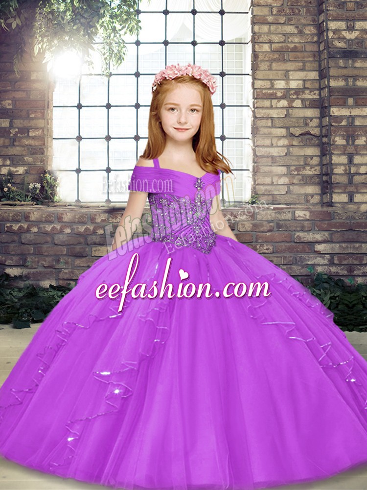 Exquisite Lilac Lace Up Girls Pageant Dresses Beading Sleeveless Floor Length