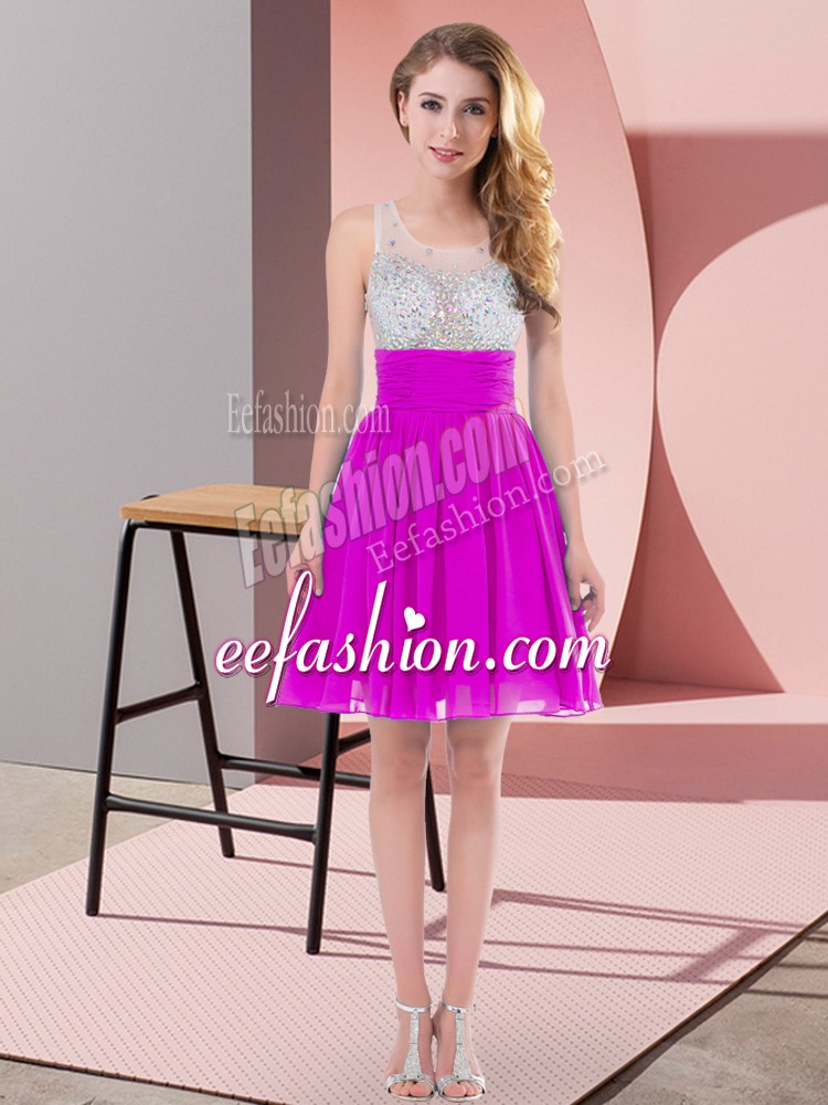  Sleeveless Mini Length Beading Side Zipper Bridesmaids Dress with Fuchsia