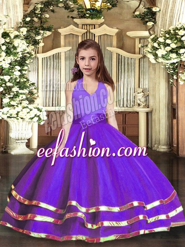  Purple Lace Up Halter Top Ruffled Layers Pageant Gowns Organza Sleeveless