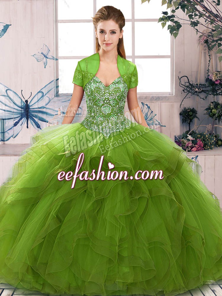 New Arrival Sleeveless Tulle Floor Length Lace Up Sweet 16 Quinceanera Dress in Olive Green with Beading and Ruffles