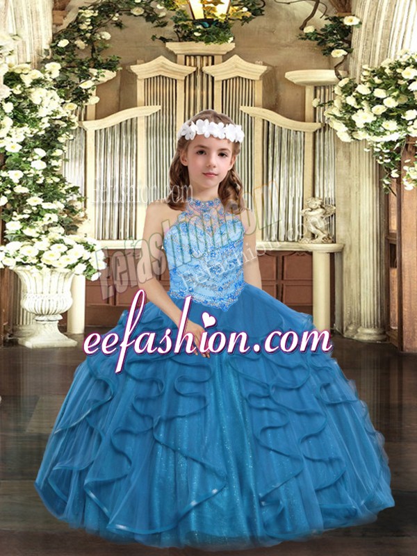  Blue Tulle Lace Up Little Girl Pageant Gowns Sleeveless Floor Length Beading and Ruffles