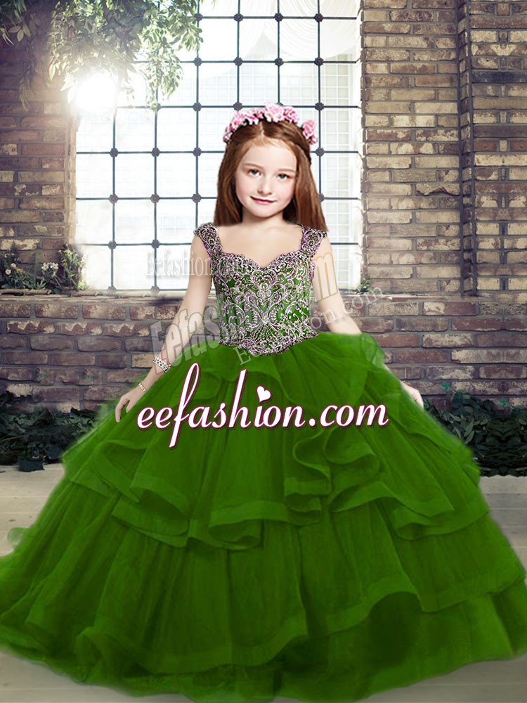 Excellent Floor Length Ball Gowns Sleeveless Green Little Girls Pageant Gowns Lace Up