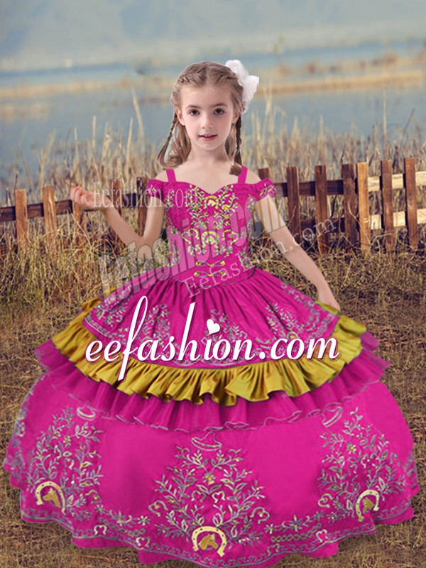 Dramatic Sleeveless Satin Floor Length Lace Up Little Girl Pageant Dress in Fuchsia with Beading and Embroidery