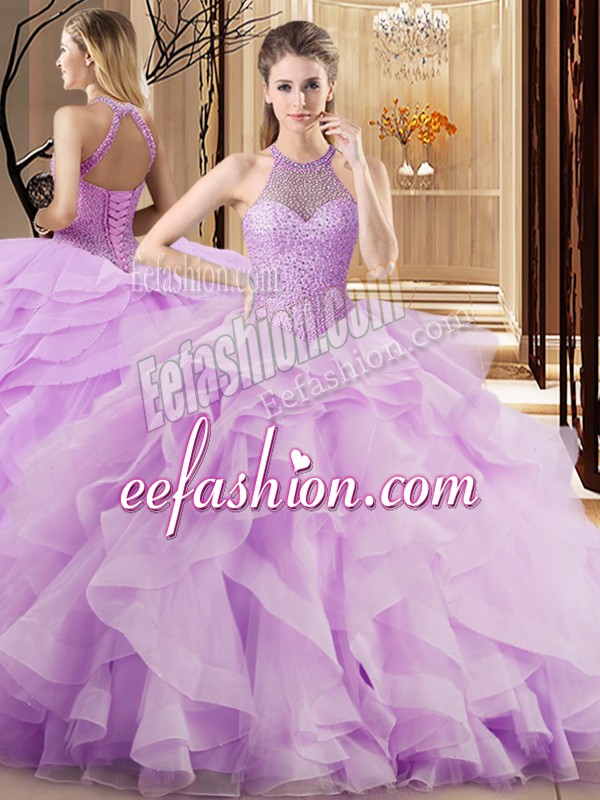 Beautiful Lilac Sleeveless Beading and Ruffles Lace Up 15th Birthday Dress
