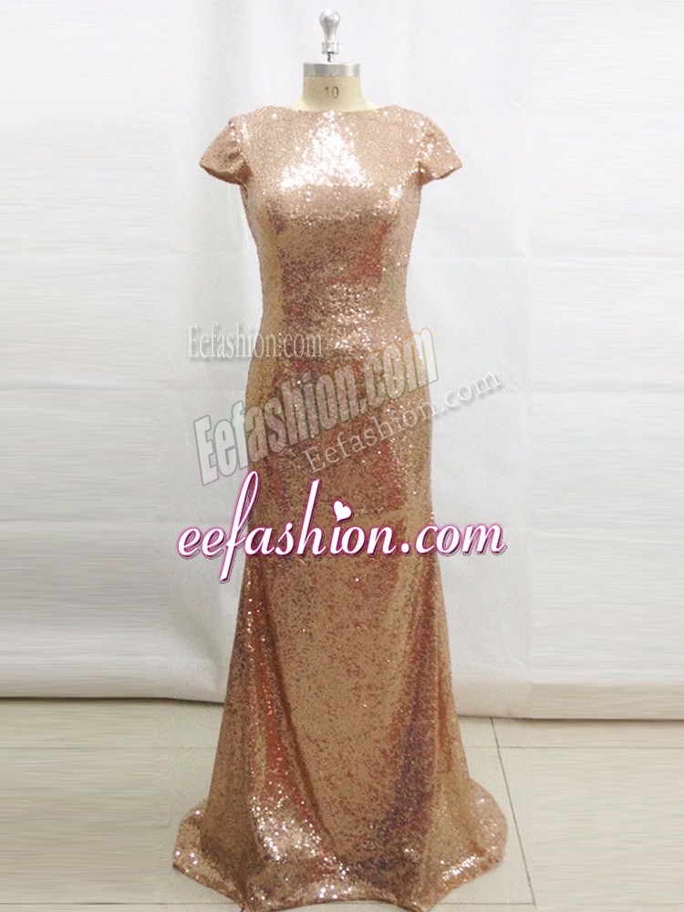  Champagne Column/Sheath Bateau Short Sleeves Sequined Brush Train Backless Sequins Prom Party Dress