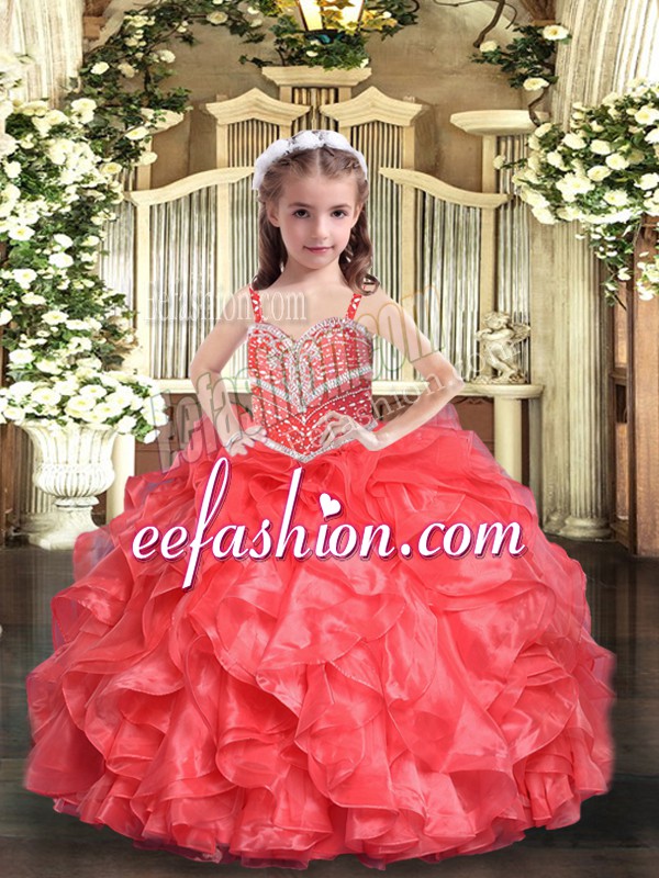 Custom Made Floor Length Lace Up Kids Formal Wear Coral Red for Party and Sweet 16 and Wedding Party with Beading and Ruffles