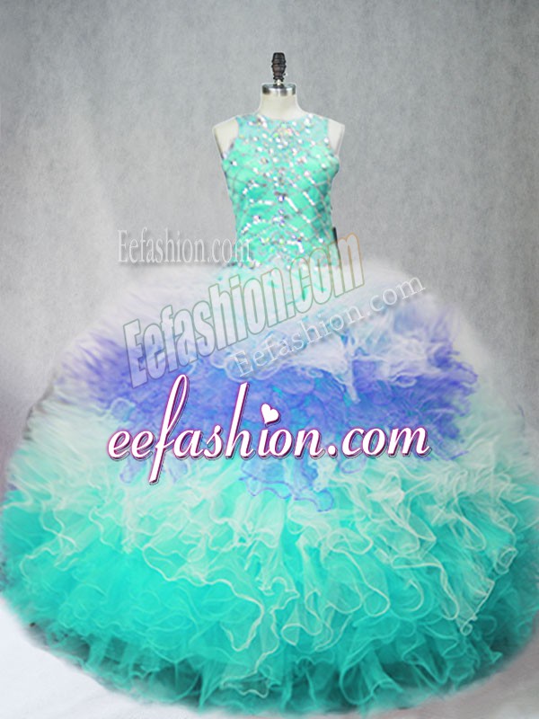  Multi-color Sleeveless Floor Length Beading and Ruffles Zipper Quinceanera Gowns