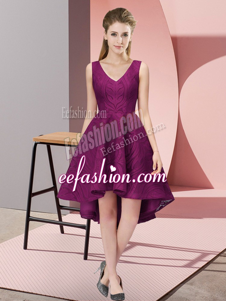 Sophisticated High Low Dark Purple Wedding Guest Dresses V-neck Sleeveless Zipper