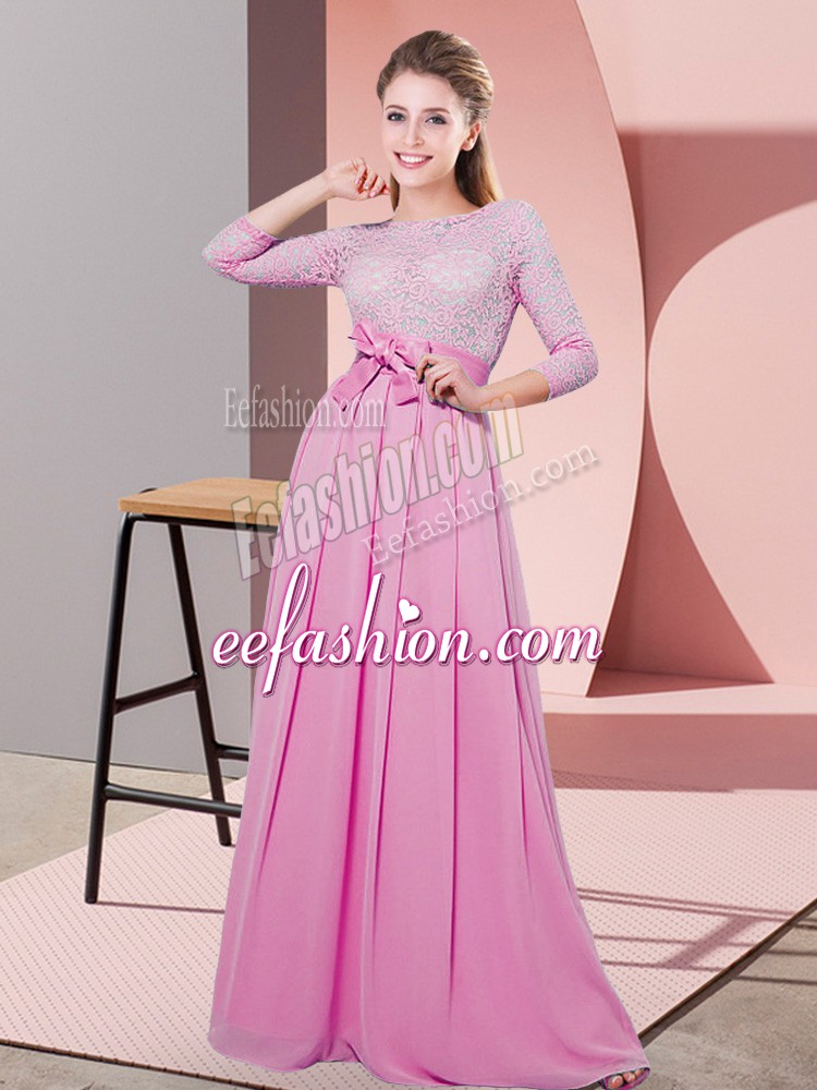  Rose Pink 3 4 Length Sleeve Lace and Belt Floor Length Quinceanera Dama Dress