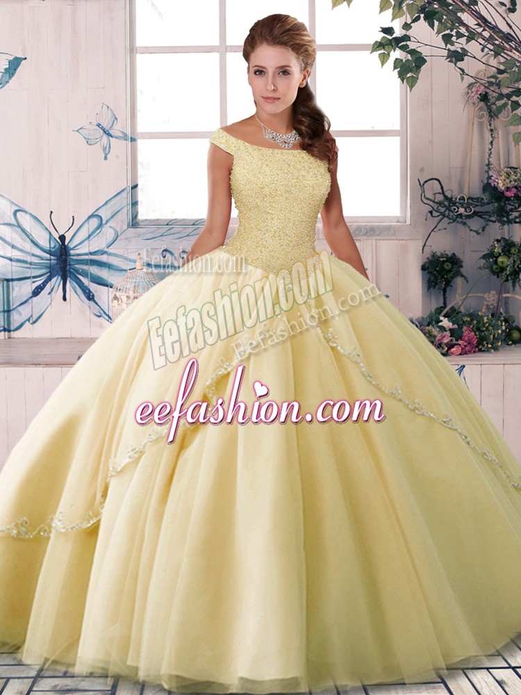 Extravagant Yellow Ball Gowns Tulle Off The Shoulder Sleeveless Beading Lace Up Quinceanera Gowns Brush Train