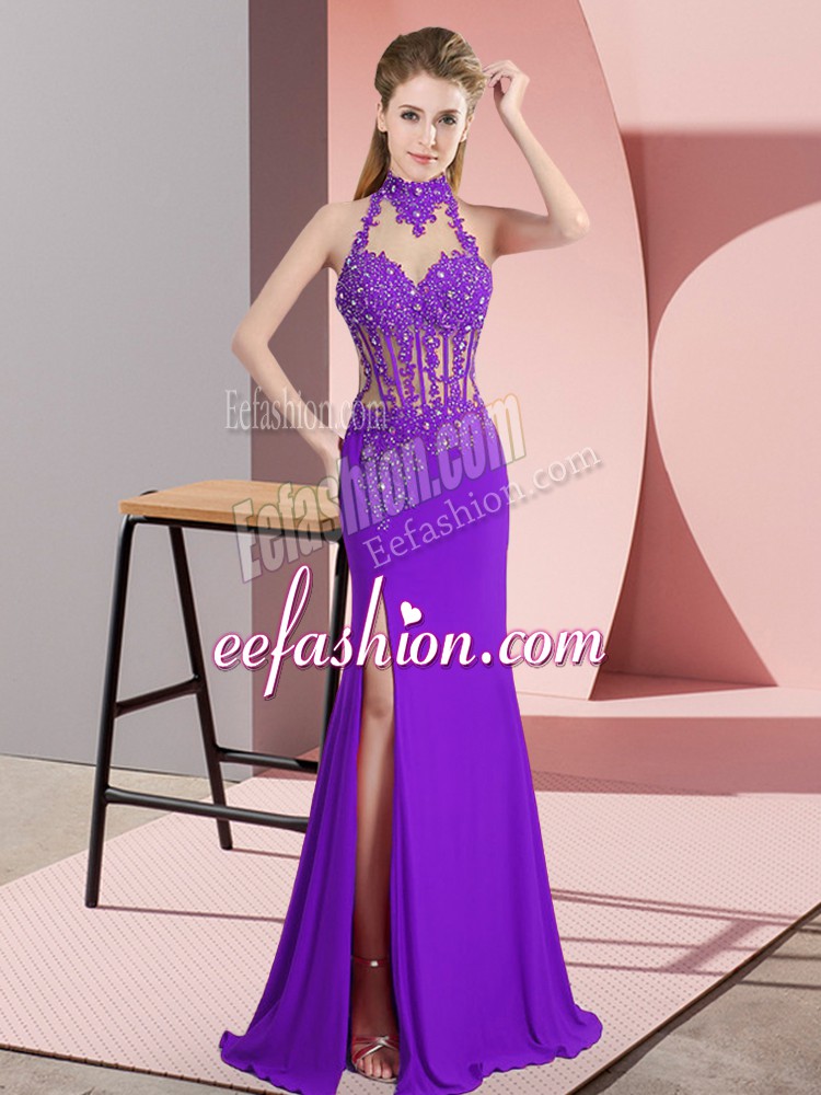 Customized Purple Sleeveless Chiffon Backless Prom Gown for Prom and Party and Military Ball