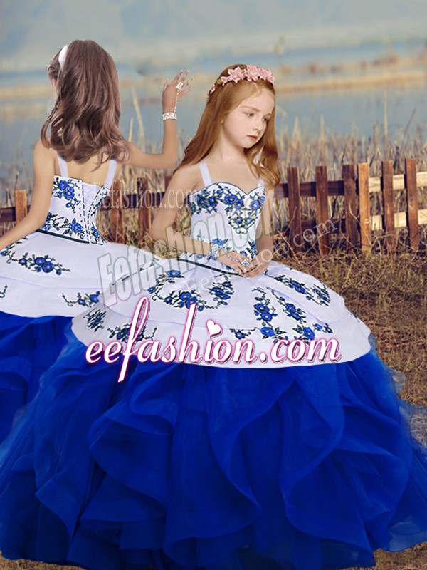  Ball Gowns Little Girls Pageant Dress Wholesale Royal Blue Straps Organza Sleeveless Floor Length Backless