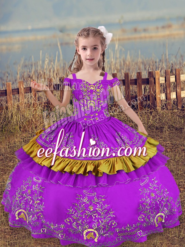 Most Popular Off The Shoulder Sleeveless Satin Little Girls Pageant Dress Wholesale Beading and Embroidery Lace Up