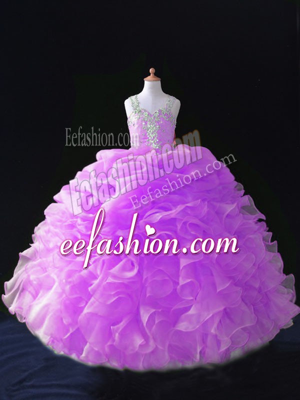  Lilac Straps Zipper Beading and Ruffles and Pick Ups Kids Formal Wear Sleeveless