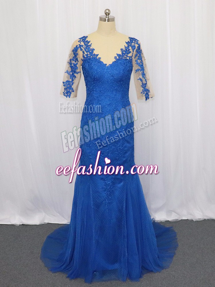 Enchanting Blue Tulle Zipper Prom Dress 3 4 Length Sleeve Brush Train Lace and Appliques