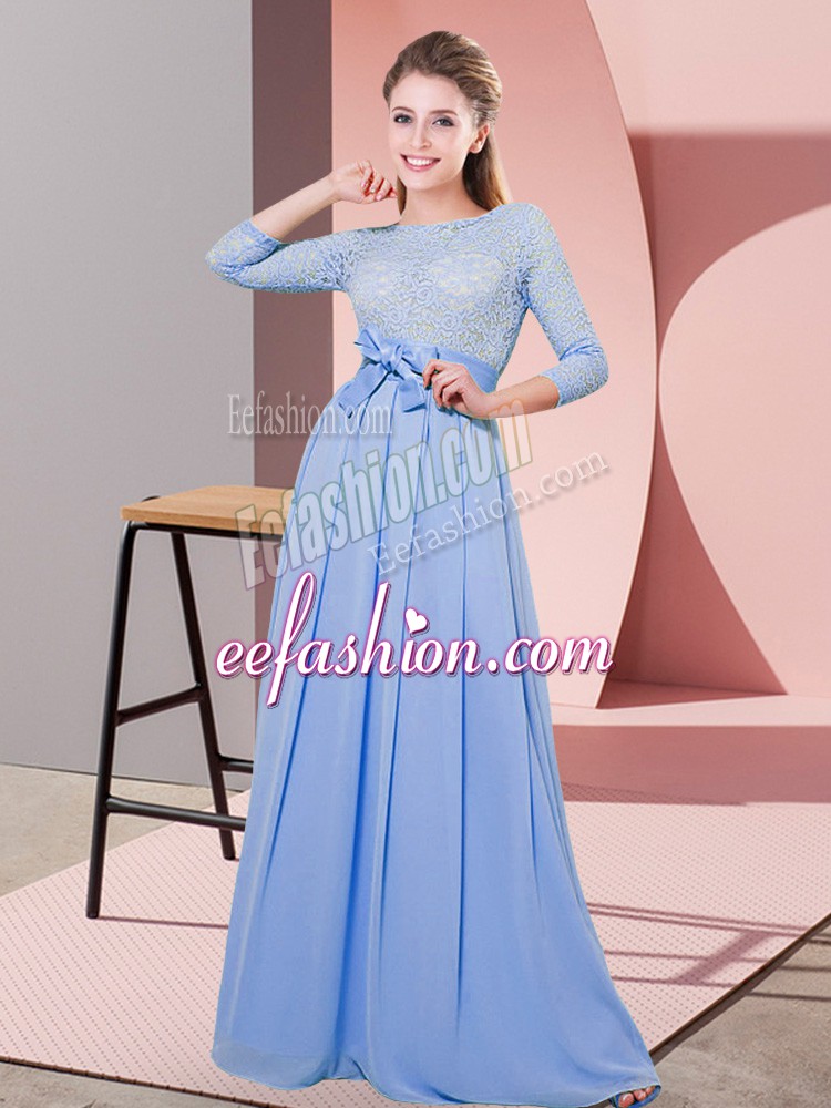 Ideal Floor Length Lavender Damas Dress Scoop 3 4 Length Sleeve Side Zipper