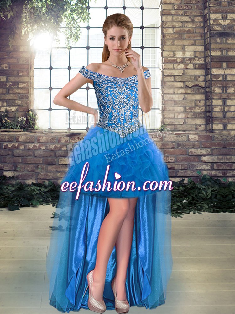 Romantic Tulle Off The Shoulder Sleeveless Lace Up Beading and Ruffles in Blue