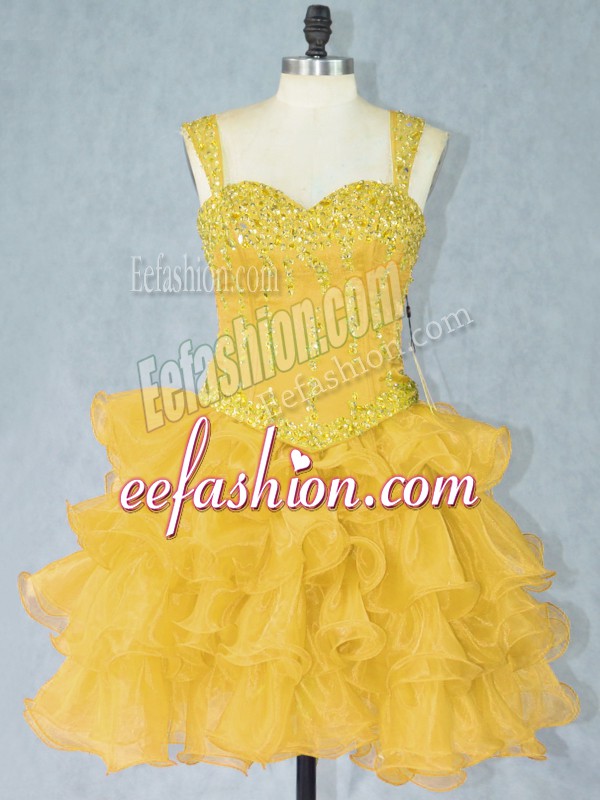  Sleeveless Organza Mini Length Lace Up Prom Dress in Gold with Beading and Ruffled Layers