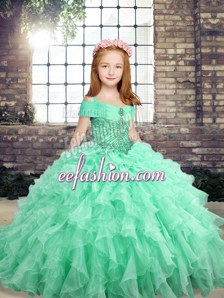 Custom Designed Floor Length Ball Gowns Sleeveless Apple Green Pageant Gowns For Girls Lace Up