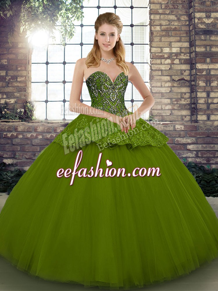 Ideal Sleeveless Floor Length Beading and Appliques Lace Up 15 Quinceanera Dress with Olive Green