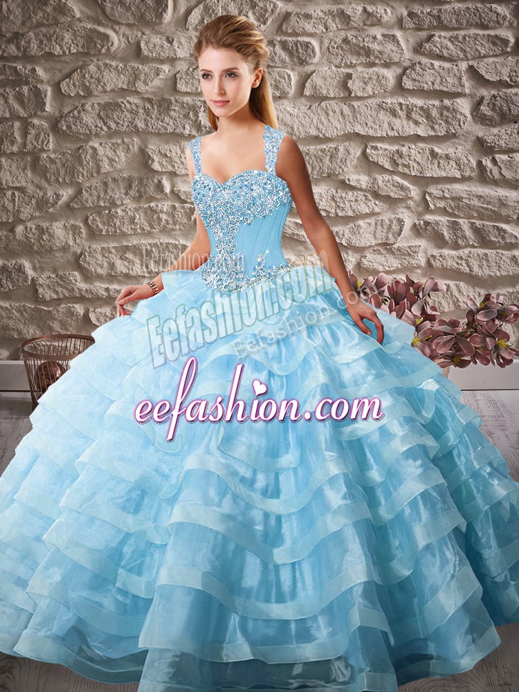  Blue Ball Gowns Organza Straps Sleeveless Beading and Ruffled Layers Lace Up 15 Quinceanera Dress Court Train