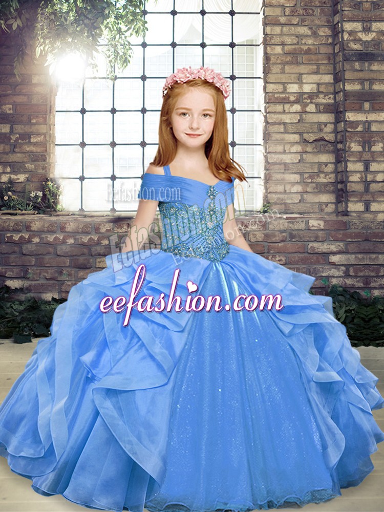 Perfect Blue Lace Up Straps Beading and Ruffles Girls Pageant Dresses Organza Sleeveless