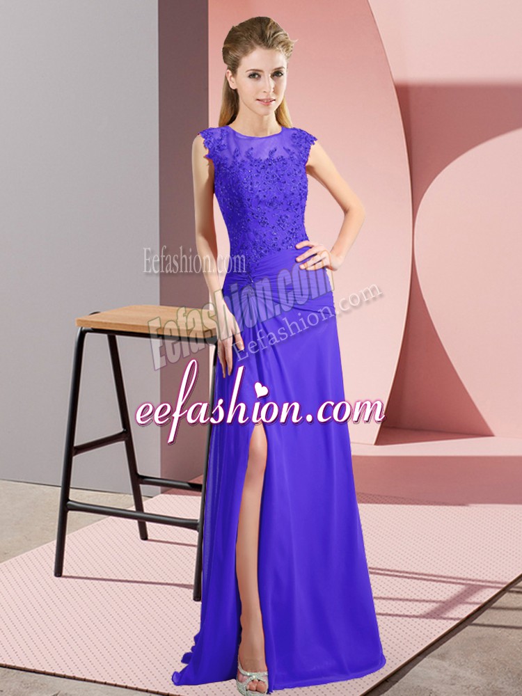Eye-catching Purple Sleeveless Floor Length Beading Zipper Prom Evening Gown