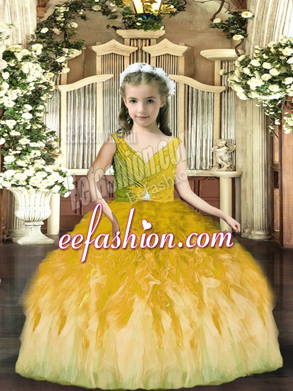 Stylish Olive Green Sleeveless Floor Length Beading and Ruffles Backless Girls Pageant Dresses