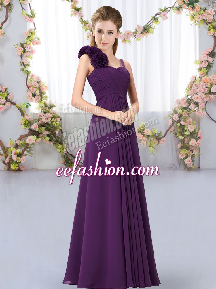 Hot Sale Dark Purple Chiffon Lace Up Bridesmaid Dresses Sleeveless Floor Length Hand Made Flower